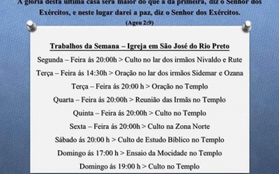Programação da Semana Igreja que está em São José do Rio Preto/SP